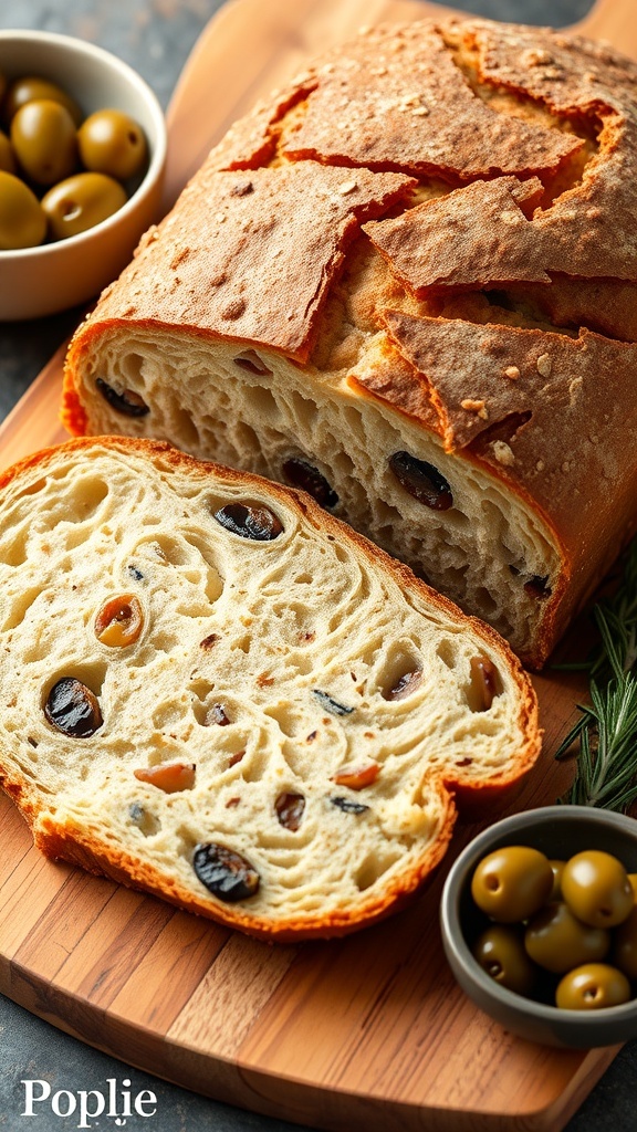A golden-brown olive sourdough bread loaf, sliced to show its soft interior with olives, on a wooden board with olives and rosemary.